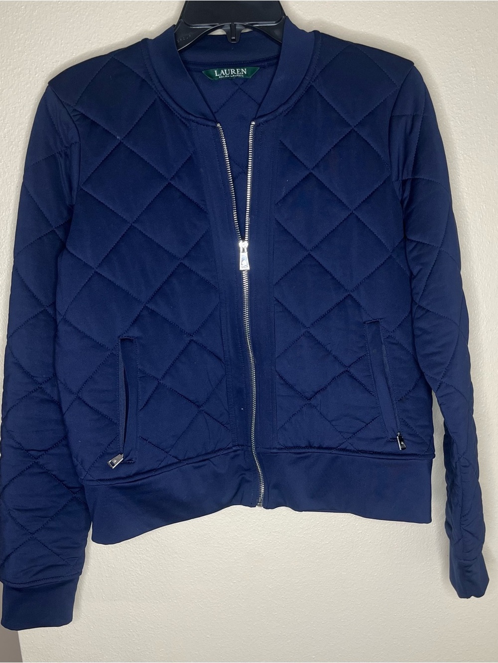 Women’s Lauren Ralph Lauren Navy Quilted Bomber Jacket with Silver Zipper Sz Lg